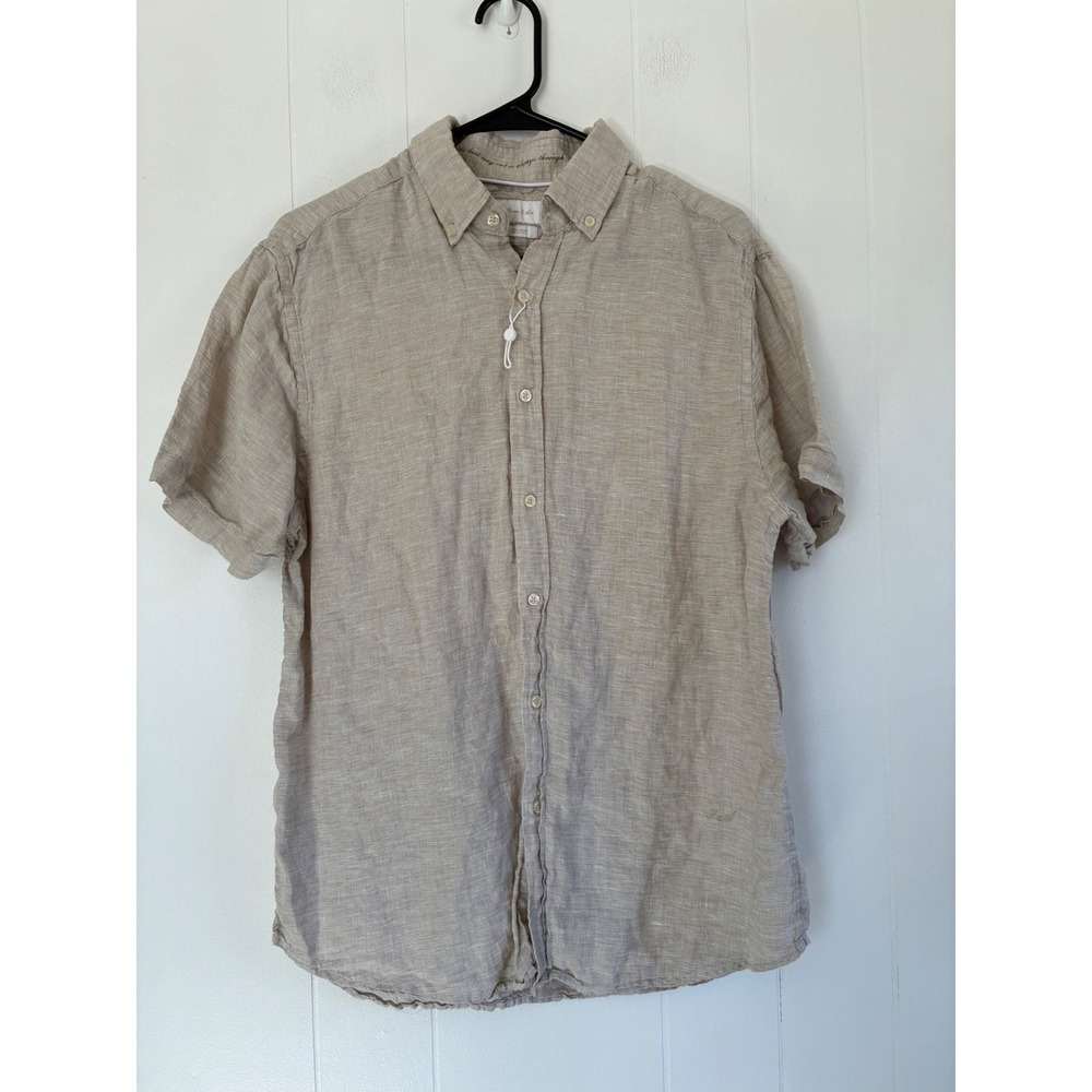 Porter & Ash Mens Tan 100% Linen Short Sleeve Button Down Shirt‎ Resort Wear L